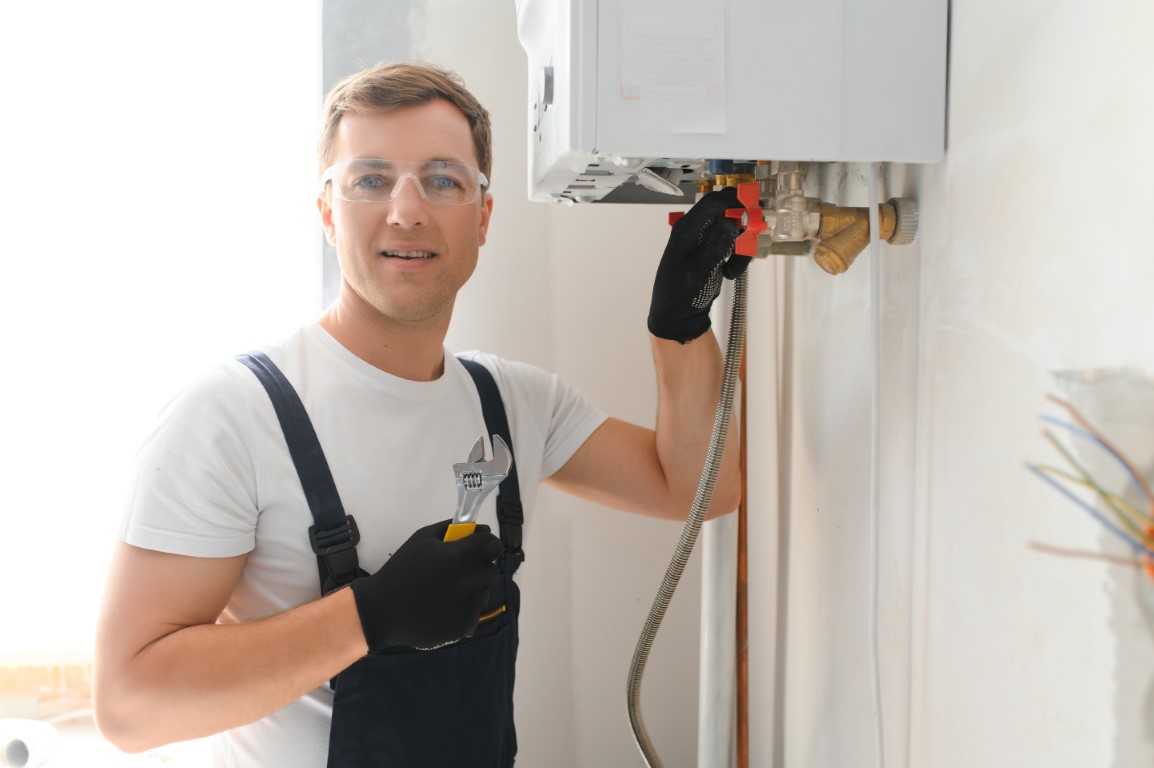 Técnico certificado revisando una caldera Vaillant de baja emisión en Loeches